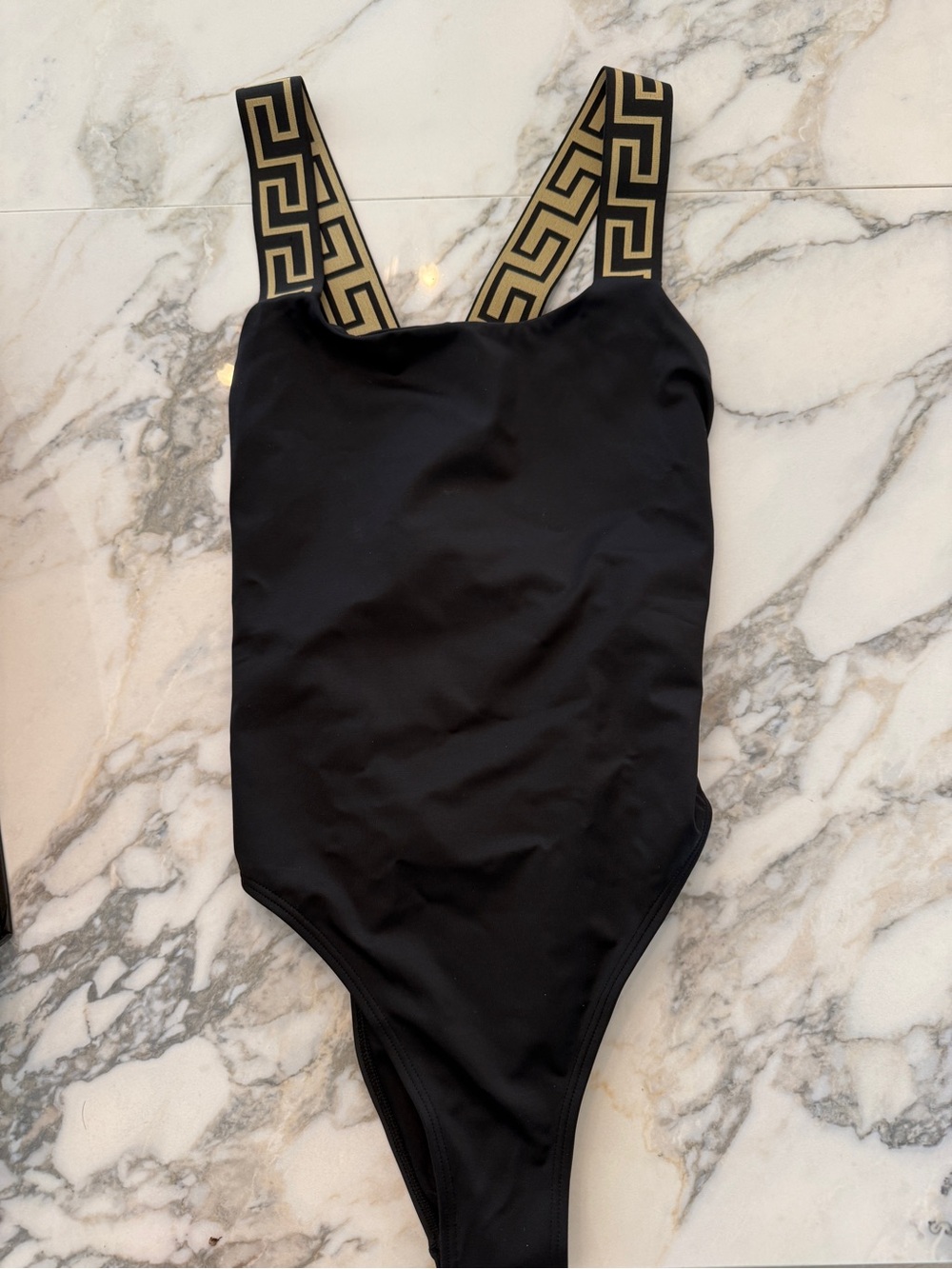 Versace Black One-Piece Swimsuit with Gold Greek Key Straps